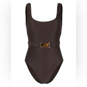 Zimmerman NWT 3‎ Large Laurel Ribbed Belted One-Piece Swimsuit Chocolate Brown